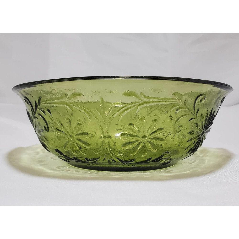 Vintage FTD Avocado Raised Green Floral Glass Serving Bowl